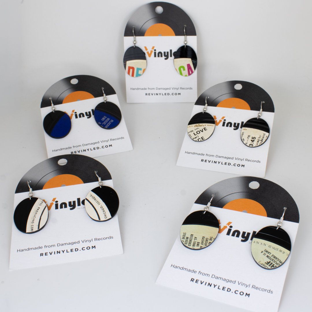 One Off Vinyl Record Earrings 5 Pair XS Mono Press One-Off Vinyl Record Dangle Earrings – 5 Pair (XSA) | Vintage Press