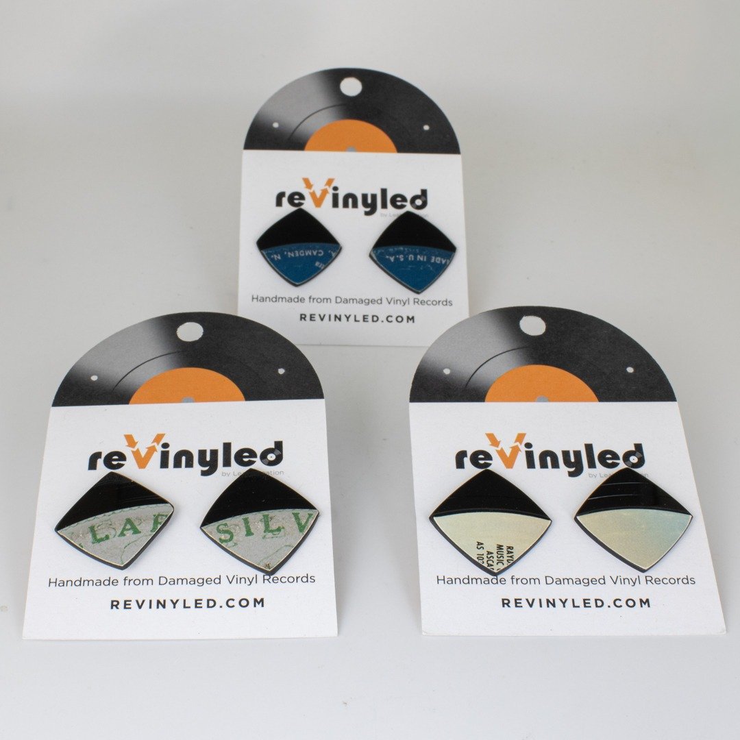 rvd whl bndl sm stud dusk 3 One-Off Vinyl Record Button Stud Earrings – 3 Pair (SMB) | Teal, Silver and Slate Buttons