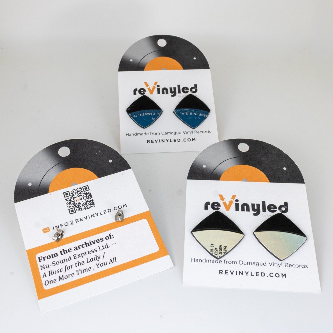 rvd whl bndl sm stud dusk.back 3 One-Off Vinyl Record Button Stud Earrings – 3 Pair (SMB) | Teal, Silver and Slate Buttons - Image 2