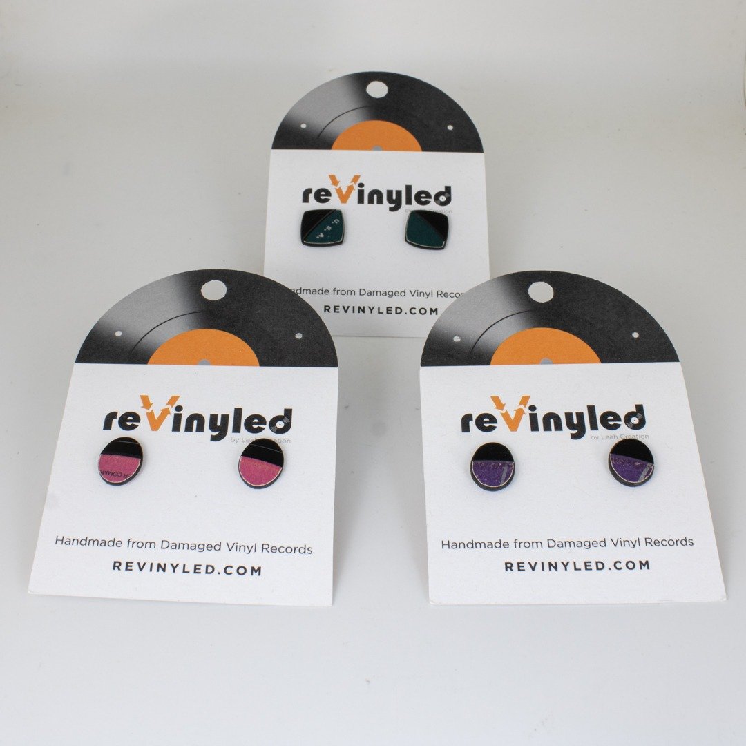 rvd whl bndl sm stud purple green 3 One-Off Vinyl Record Mini Stud Earrings – 3 Pair (Mini) | Mixed Pop