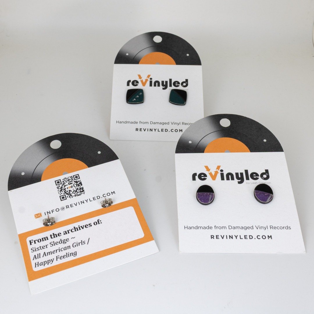 rvd whl bndl sm stud purple green.back 3 One-Off Vinyl Record Mini Stud Earrings – 3 Pair (Mini) | Mixed Pop - Image 2