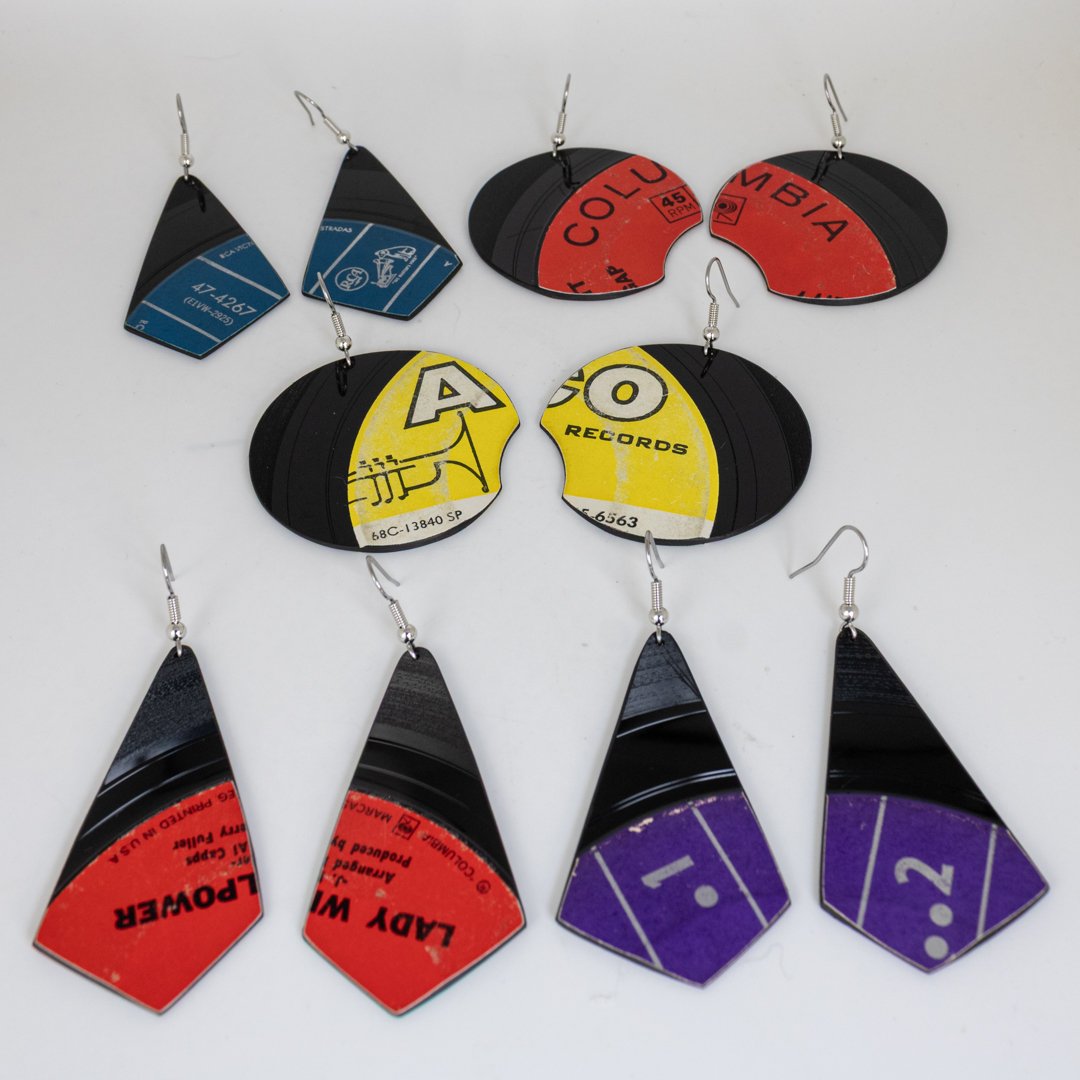 Jukebox Memories made-to-order earrings featuring colorful vintage record-label artwork
