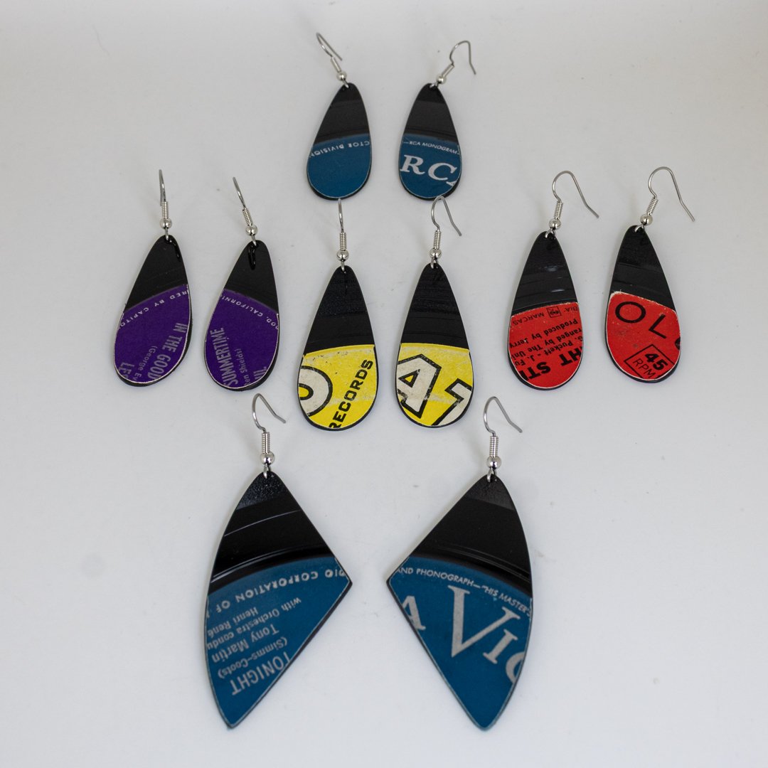 Jukebox Memories made-to-order earrings featuring colorful vintage record-label artwork
