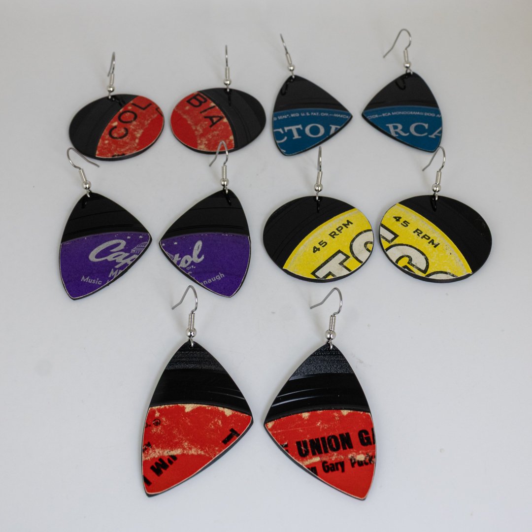 Jukebox Memories made-to-order earrings featuring colorful vintage record-label artwork