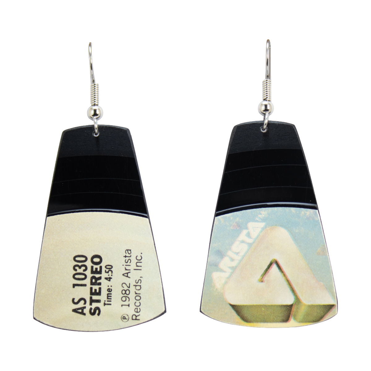 Finished reVinyled earrings handcrafted from a rescued vinyl record