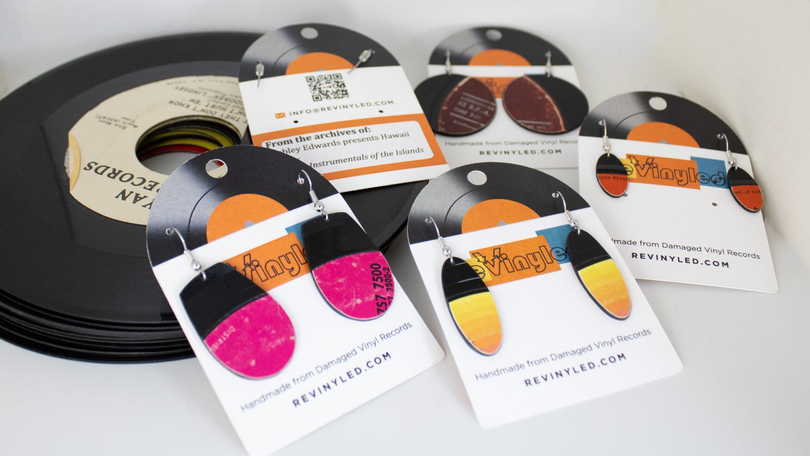 Handcrafted reVinyled earrings made from rescued vinyl records