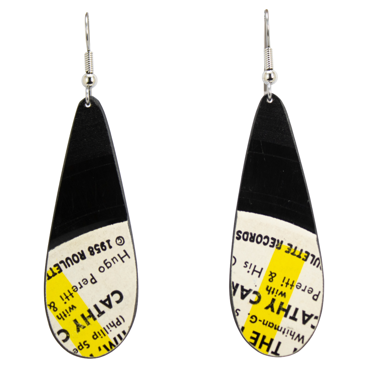 Finished reVinyled earrings handcrafted from the Roulette record
