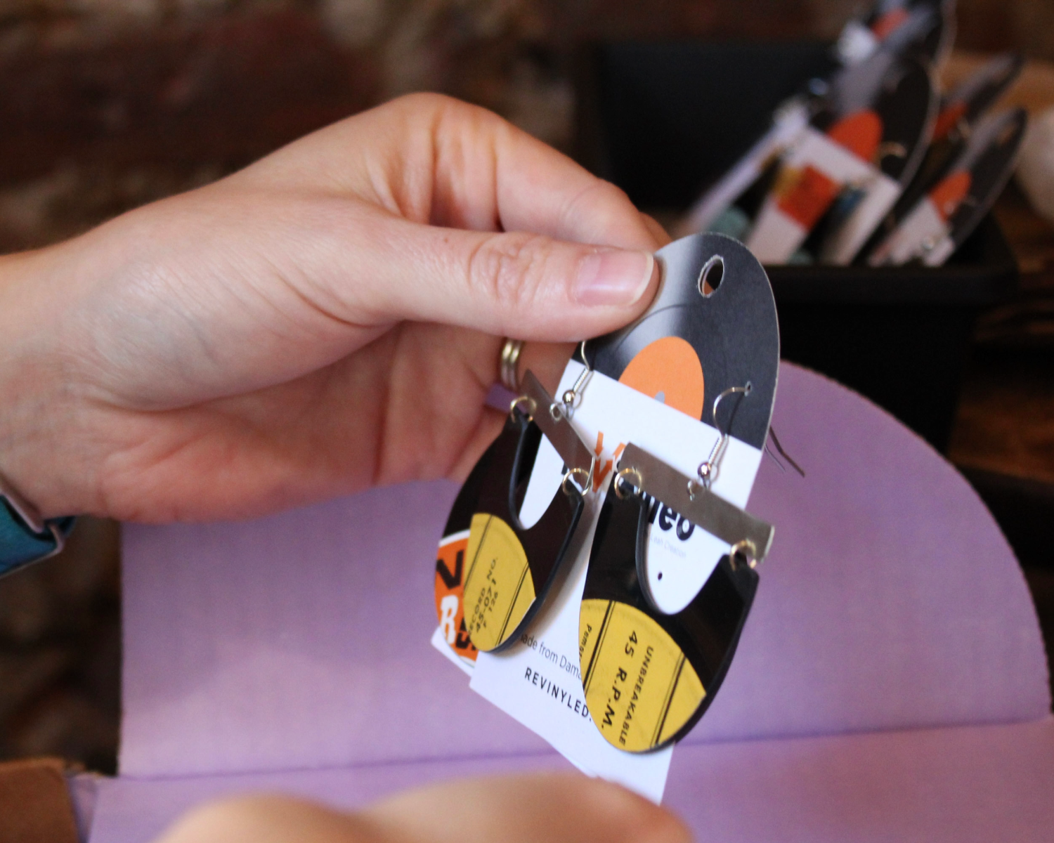 A selection of handcrafted reVinyled earrings