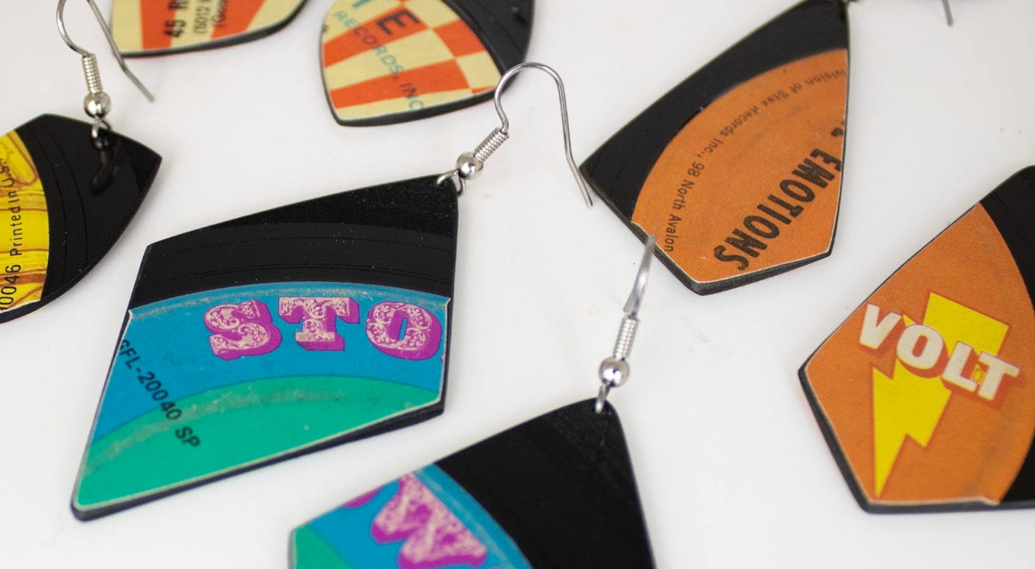 Handcrafted reVinyled earrings made from rescued vinyl records